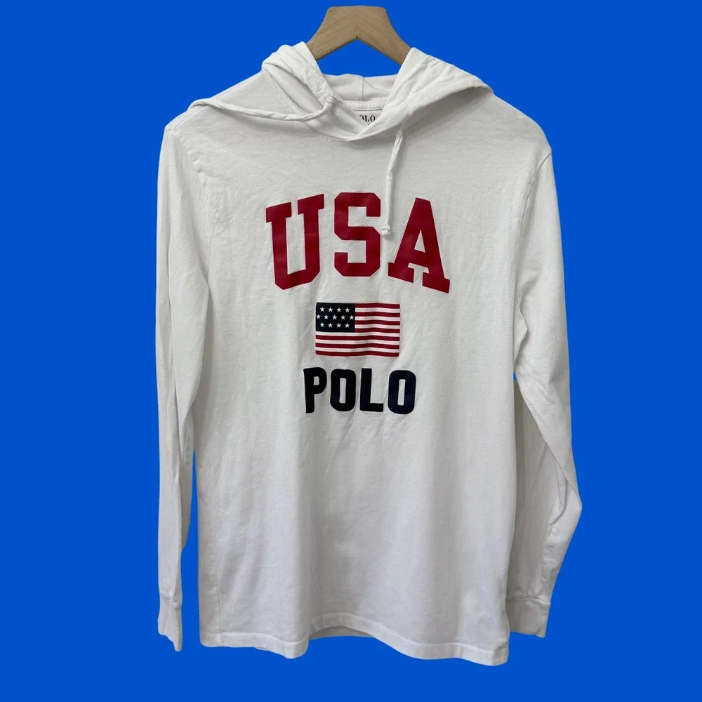 Polo Ralph Lauren Hooded T-Shirt Small White USA Flag Graphic Long Sleeve Hoodie